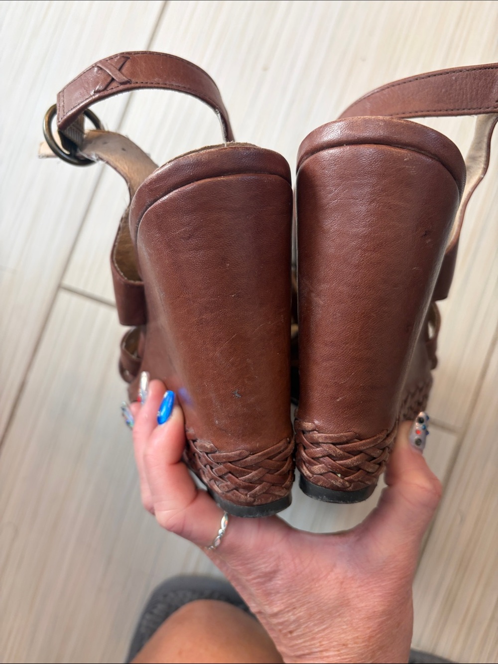 Frye Corrina Strappy Brown Woven Leather Wedge Sandals - Picture 4 of 7